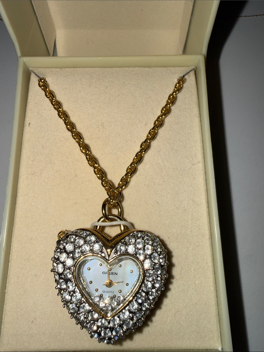 Vintage Gruen Gold-Tone Heart Pendant Necklace with Crystal Pavé